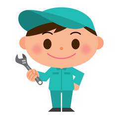 スパナを持った作業着の男性