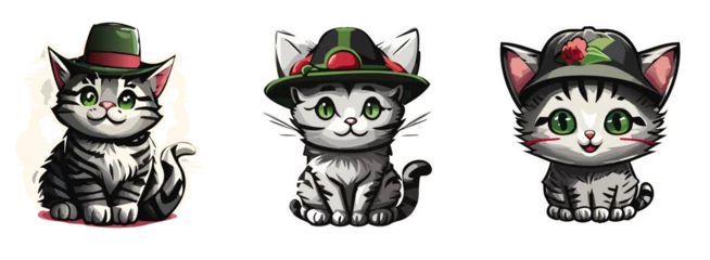 Fotobehang Grey cats with green hats © Wiktoria