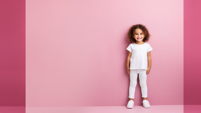 Child smiling girl 4-5 years old close-up in a white T-shirt without a pattern on the background of a pink wall, mockup for the presentation of a children's product
