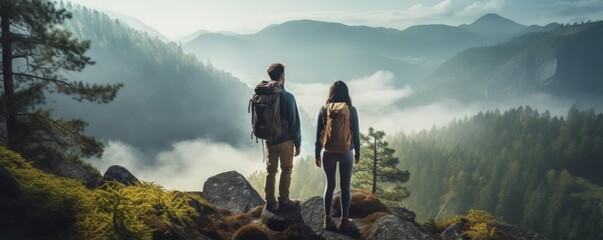 A young couple of hikers walk through the forest in rainy weather.
