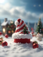 Fototapeta na wymiar Santa Hat in snowy winter at Christmas 16