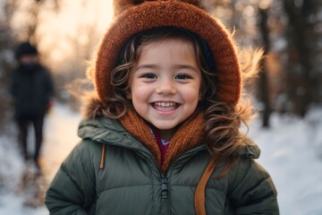 Portrait of a Smiling cute little girl wearing winter warn clothes, jacket, looking at the camera standing outdoors. 