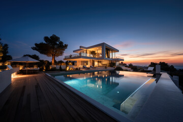 Fototapeta premium Minimalist cubic house exterior with swimming pool, modern country house, seaside holiday in modern villa, sunset view