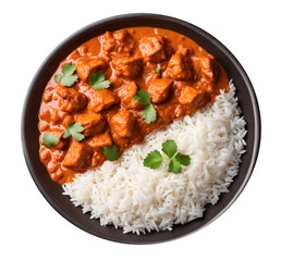 rice with meat curry on a clay plate in a transparent kitchen. national cuisine view from above