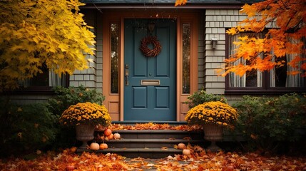  a blue front door surrounded by fall leaves and pumpkins.  generative ai
