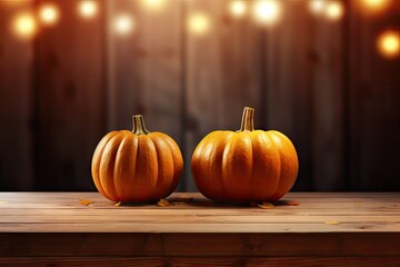 pumpkins are on top of a wooden table in the background Generative AI