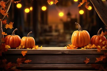 a wooden table with pumpkins on it and autumn leaves behind it Generative AI