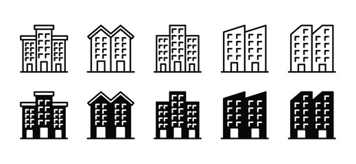 Building and condo icons. Condominium icon. Real estate, apartment, skyscrapers, urban, home, house, city, hotel, town. Editable stroke. Vector illustration