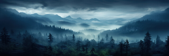 Mystical mysterious fog over the forest tops overlooking the mountains at sunset, banner - obrazy, fototapety, plakaty