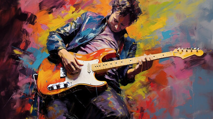 Obraz premium Antique Colorful Liquid Art Watercolor Illustration of Male Guitarist Playing Guitar on Canvas