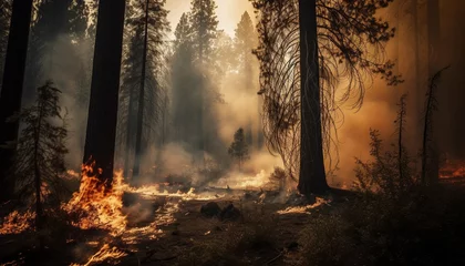 Gordijnen Mystery landscape burning pine tree, spooky fog, glowing bonfire generated by AI © Stockgiu