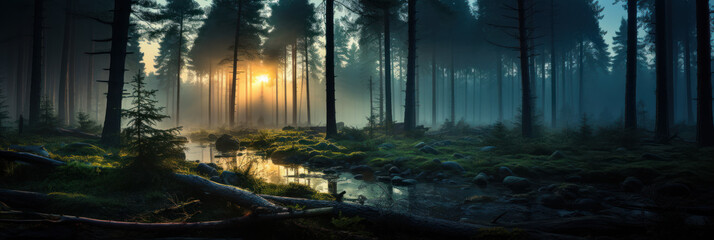 Mystical mysterious fog in the forest at sunset, banner