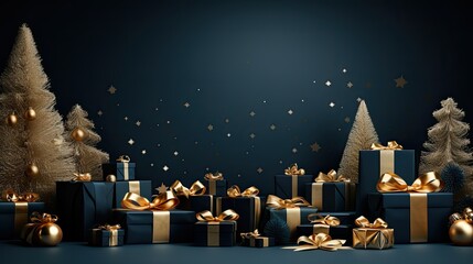 Christmas theme 3d background with Christmas balls wrapped presents