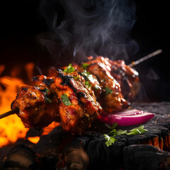 Photo of a sizzling tandoori chicken skewer, captured with a telephoto lens for artistry Generative...