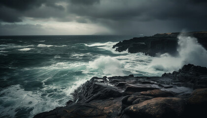Fototapeta premium Rough surf crashes against dramatic cliff, awe inspiring beauty in nature generated by AI