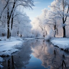 Tranquil winter snowy landscape with water and trees 
