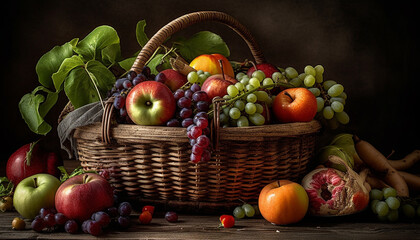 Autumn harvest Fresh organic fruit on rustic wicker table composition generated by AI