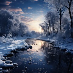 Tranquil winter snowy landscape with water and trees 