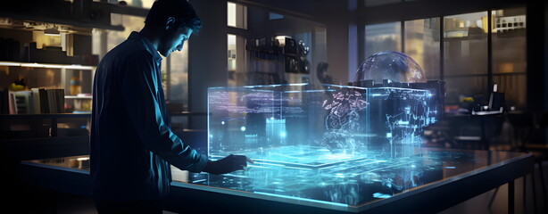 A man controls a hologram. High technology, future. - obrazy, fototapety, plakaty
