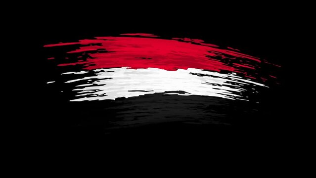 Yemen flag animation. Brush painted yemeni flag on transparent background. Brush strokes. Yemen state patriotic national banner template. Place for text. Animated design element, seamless loop