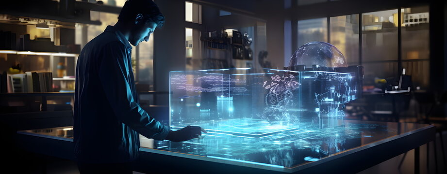 A man controls a hologram. High technology, future.