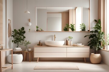 Fototapeta na wymiar Luxurious Indoor Bathroom with Cozy Furniture and Green Plants