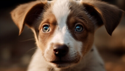 Cute puppy sitting outdoors, looking at camera with sad eyes generated by AI