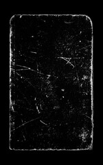Old book cover with scratches and uneven edges on black background for overlay