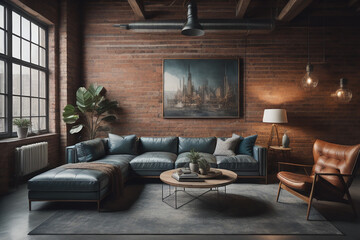 Stylish Interior Design Background. Industrial Living Room