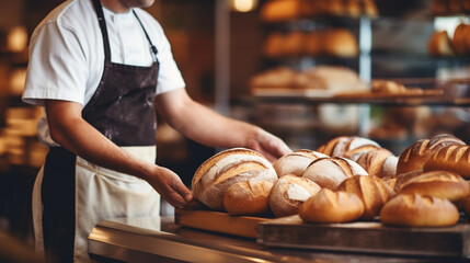 A baker arranging trays of freshly baked bread and pastries, Grocery store, blurred background