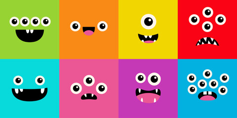 Obraz premium Square monster face head set banner. Happy Halloween. Spooky Smiling Boo screaming sad face emotion. Cute character. Eyes, tongue, teeth fang, mouse. Flat design style. Baby kids background.
