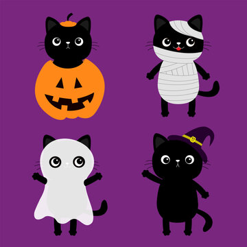 Black cat wearing mummy mum, witch hat, pumpkin, ghost spirit monster costume. Kitten set. Happy Halloween. Funny face. Cute cartoon spooky character. Greeting card. Flat design. Violet background.