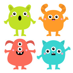 Cute monster set. Happy Halloween. Colorful monsters with different emotions. Hands, legs. Cartoon kawaii boo baby character. Funny face head. Childish collection. White background. Flat design.