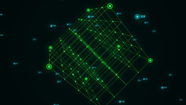 Abstract green sci-fi cube with particle and line with digital indicators. Technology network connection on world. Global digital connections ai. Wireframe cube. Blockchain encryption. 3D rendering.