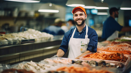 A dedicated employee arranging fresh seafood in the seafood department, Grocery store, blurred background - obrazy, fototapety, plakaty