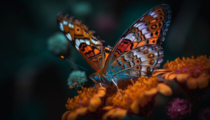 Vibrant butterfly wing in multi colored pattern on yellow flower generated by AI