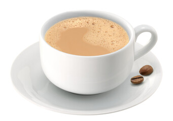 xícara de porcelana com café com leite acompanhado de grãos de café torrado isolado em fundo transparente