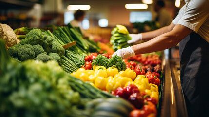 A team of workers arranging a colorful and inviting produce display, Grocery store, blurred background