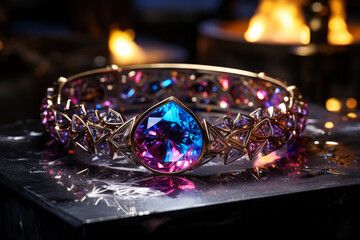 Magic ring made of precious metal with a large gemstone close-up