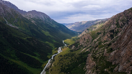 Fototapeta na wymiar Drone view of a green gorge with high rocky cliffs. A grey, bubbling river is running. The sky was overcast. Lots of big rocks and coniferous trees. Wildlife of Kazakhstan. Gorges of Burkhan Bulak