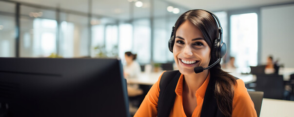 Friendly female call assistant working at a call center office. Online remote advisory session with available copy space - obrazy, fototapety, plakaty