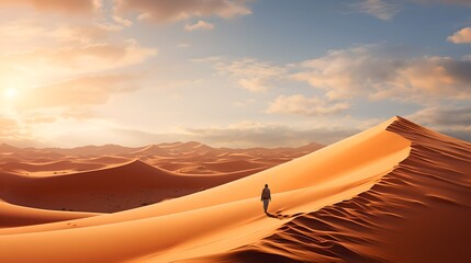 Fototapeta na wymiar Solitary Hiker at Sunrise in African Sand Dune