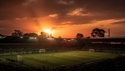 Obraz premium Playing soccer on a green grass meadow at sunset generated by AI