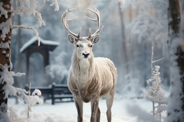Reindeer in snowy forest in winter, majestic animal