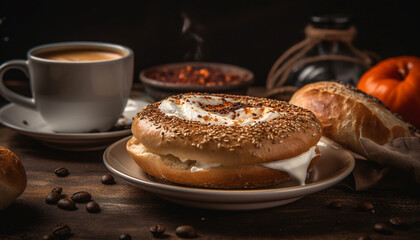 Freshly baked bagel and coffee for brunch generated by AI - obrazy, fototapety, plakaty