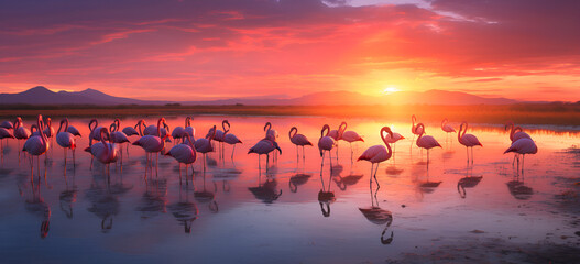 Flocks of flamingos in the sunrise Golden Hour Flamingos Serene Wildlife at Sunrise Majestic Flamingo Flocks in the Morning Light. AI Generative - obrazy, fototapety, plakaty