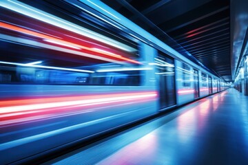 Fast express passenger train, futuristic conceptual technology on high speed railway. Generative AI - obrazy, fototapety, plakaty