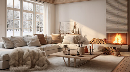 ai generative, cosy living room in a beige scandinavian style with wooden elements