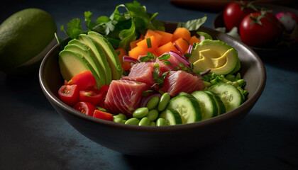 Fresh gourmet salad bowl with organic vegetables and seafood fillet generated by AI
