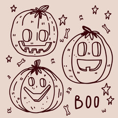 Pumpkins for Halloween doodle. Set of pumpkins for Halloween design. Line art